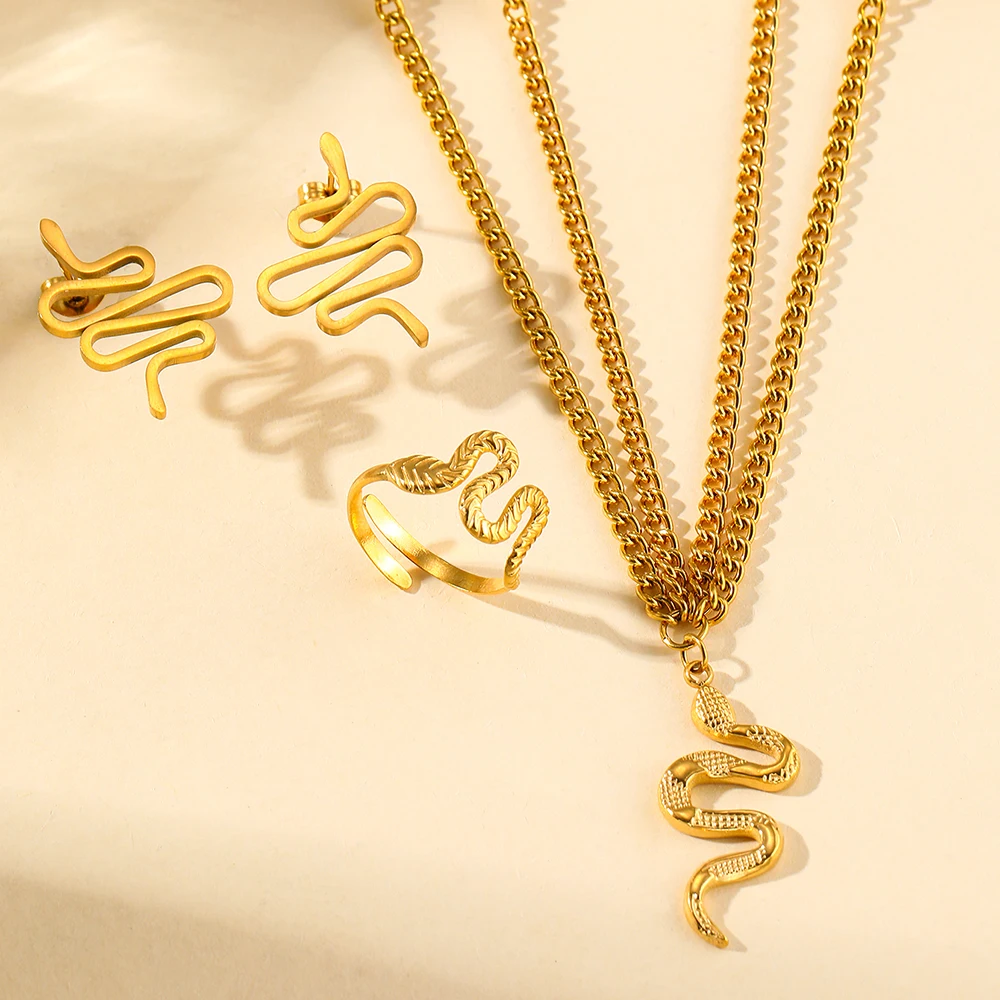 Stainless Steel Jewelry Set Fashionable Atmosphere Snake Earrings Snake Necklace Snake Ring Jewelry Set For Women Jewelry Gifts