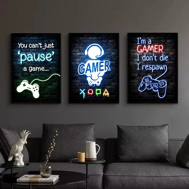 1pc Frameless Canvas Painting Gaming Neon Eat Sleep Game Repeat Canvas Posters Gamer Room Decor Canvas Print Art for Home Esport - view 4