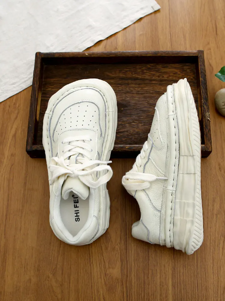 

Handcrafted Leather Casual Shoes Big Head Dad Sneakers Dissolving Sole Sporty Fashionable Korean Style round Toe Flatform