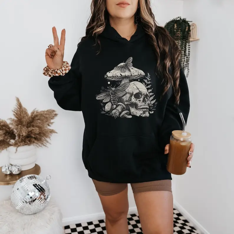 

Винтажная толстовка с черепом и грибами, темная толстовка Cottagecore Academy, рубашка Death Eerie, готическая ведьма с капюшоном, готическая ведьма