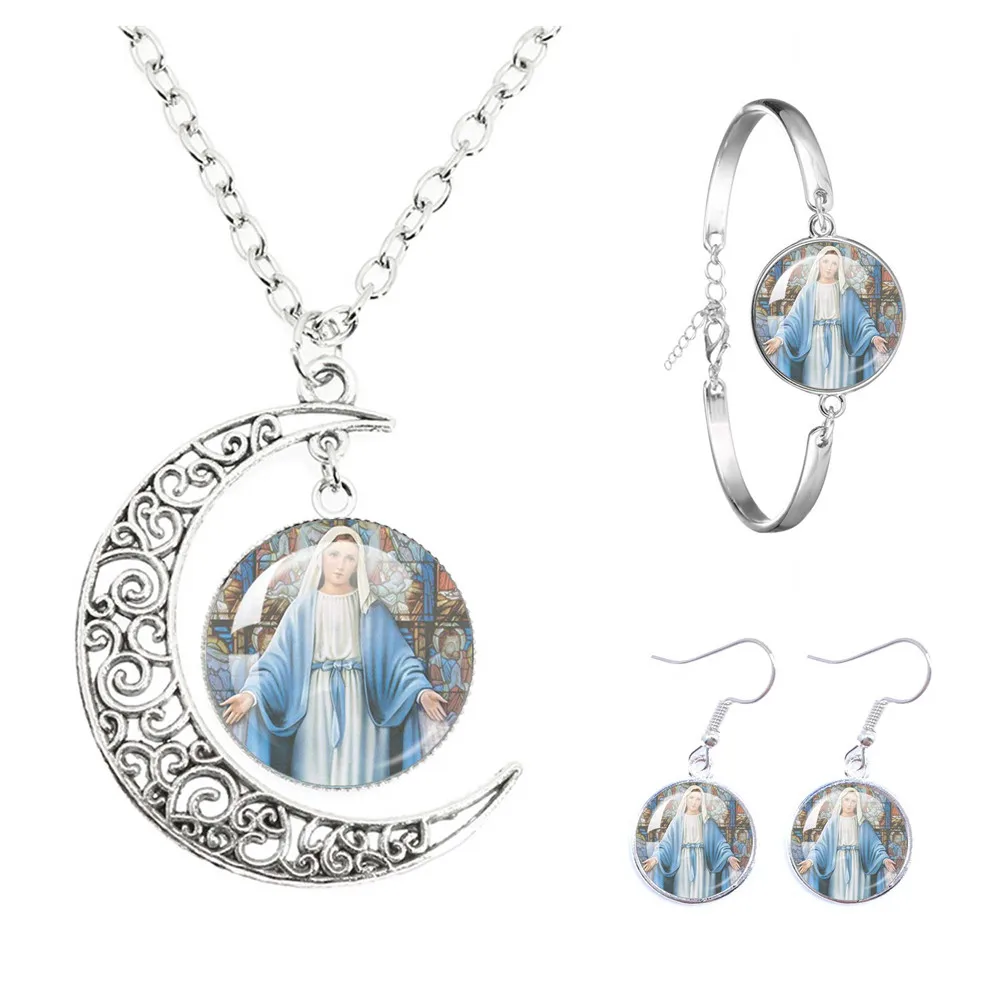 Virgin Mary And Baby Jesus Catholicism The Moon Necklace Earrings Bracelet Set Religious Glass Cabochon Pendant Gift Jewelry