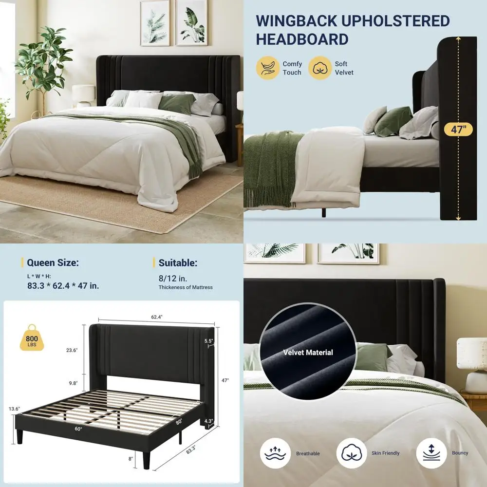 

Черная бархатная кровать Queen-size на платформе с изголовьем Wingback, простая сборка, место для хранения, не требуется пружинный блок, современный стиль
