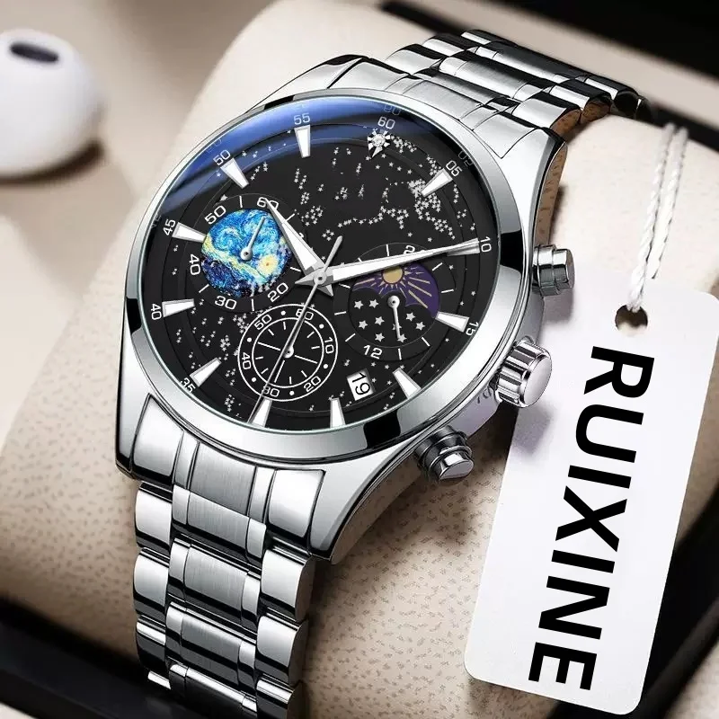 RUIXINE Men's Watches Chronograph Original Quartz Wristwatch Waterproof Luminous Stainless Steel Moon Phase 24 Hour Display Male