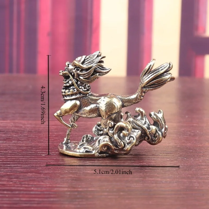 Vintage Brass Kylin Figurine Mini Chinese Qilin Statue On Cloud Base Desktop Ornament Retro Feng Shui Collectible Craft Gift