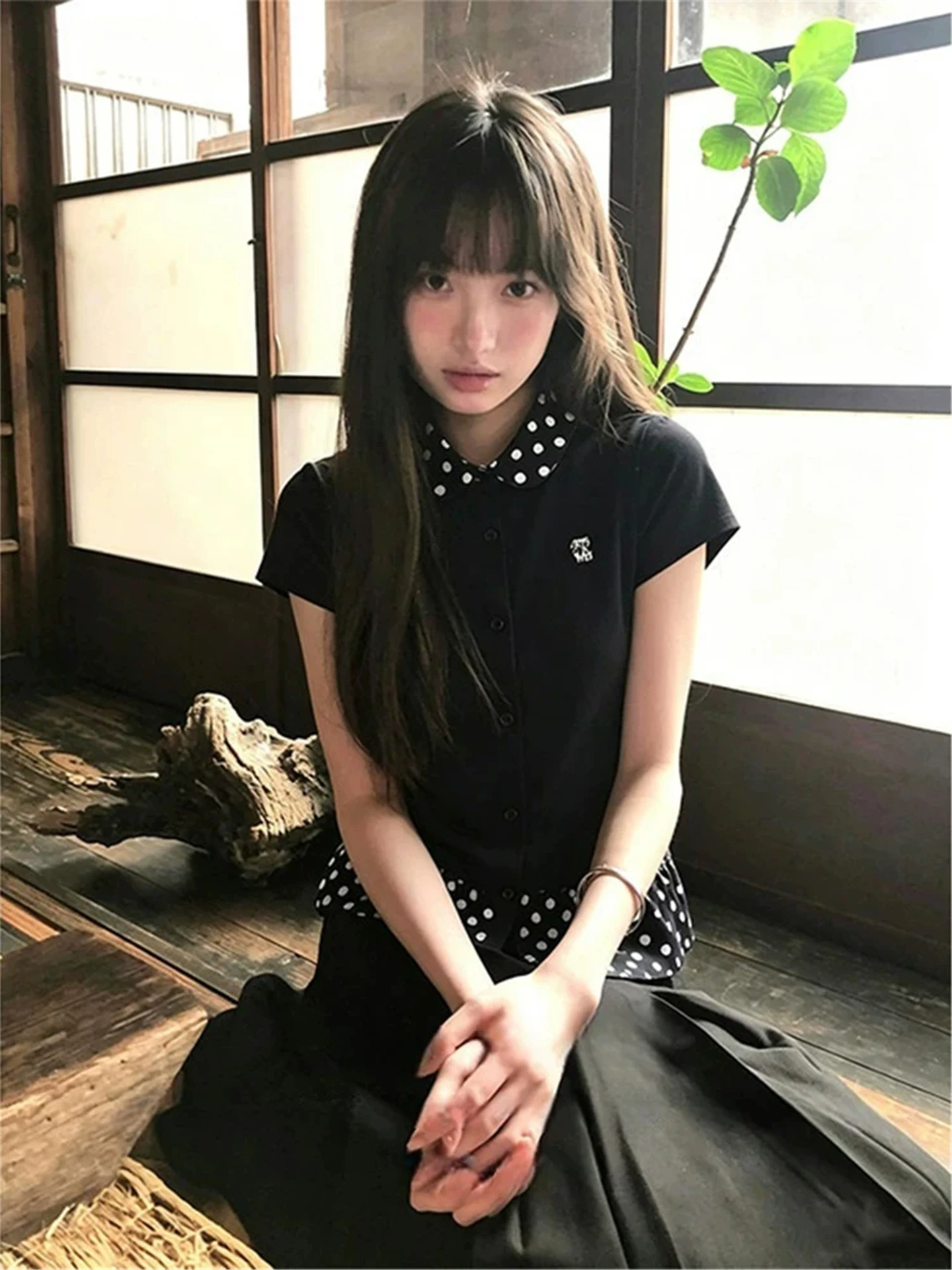 

Slim Fit Polka Dot Doll Collar Short Sleeve Shirt Women's Summer Black T-Shirt Korean Style College Style Top