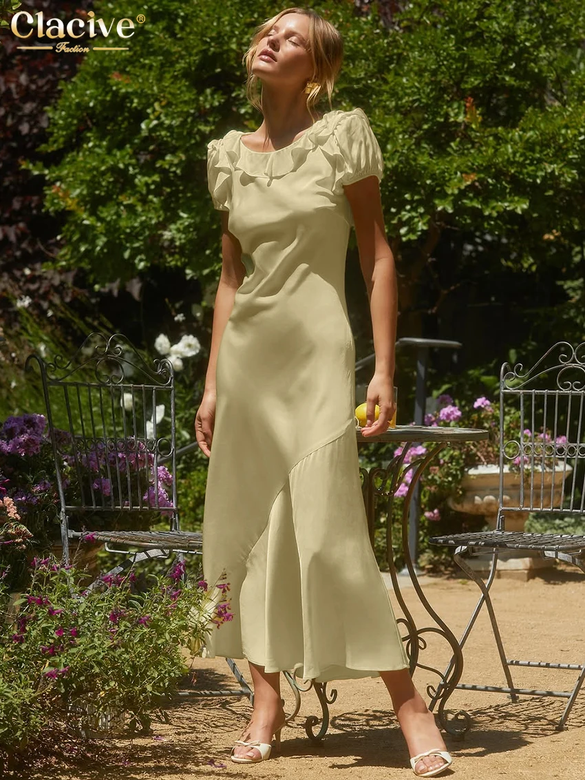 

Clacive Summer Loose Yellow Satin Women Dress 2025 Fashion O-Neck Short Sleeve Ankle Length Dresses Elegant Classic Female Dress