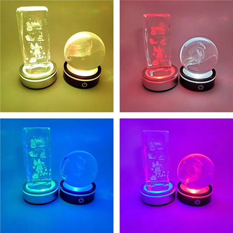 6X LED Light Base With Sensitive Touch Round Colorful Stand Display For 3D Crystal Glass Art Photo Frame Silver Concave