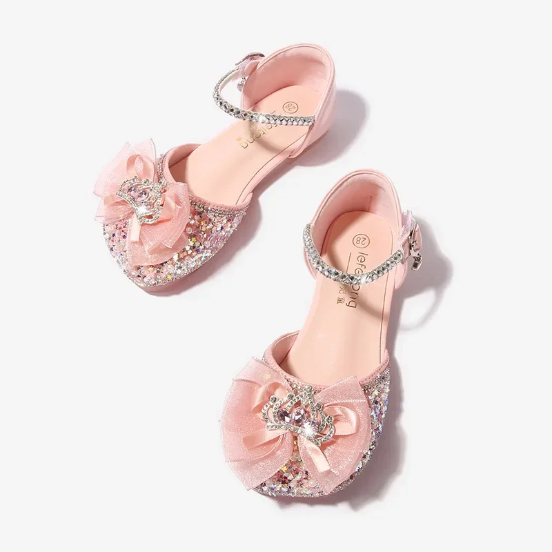 Girls Party Shoes Elegant Sweet Children Sequins Single Shoes Fashion Rhinestone Bowknot Kids Wedding Dress Flat Sandals Causal