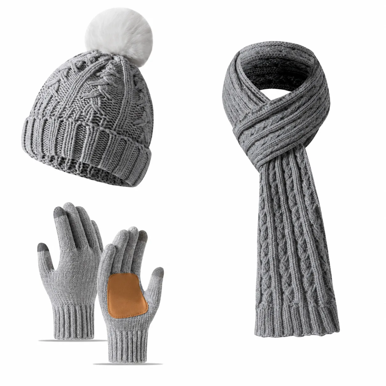 Winter 3PCS Knit Hat Scarf Touchscreen Gloves Set Unisex Pom Pom Beanie Warm Fleece Lined Fashion Matching Suit Christmas Gift