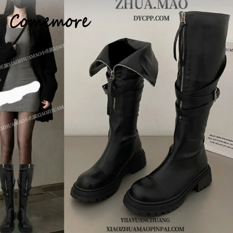Comemore Gürtel Schnalle Kniehohe Stiefel Front Zip Herbst Winter Dicke High Heels Frauen Schuhe Leder Runde Kappe Plattform Lange Botas