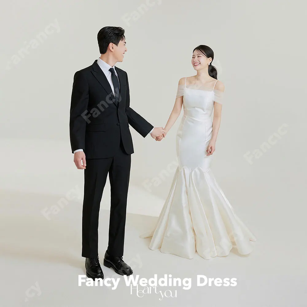 

Fancy Simple Square Neck Wedding Dress Korea Photo Shoot Spaghetti Straps Mermaid Bridal Gown Floor Length Satin 웨딩드레스