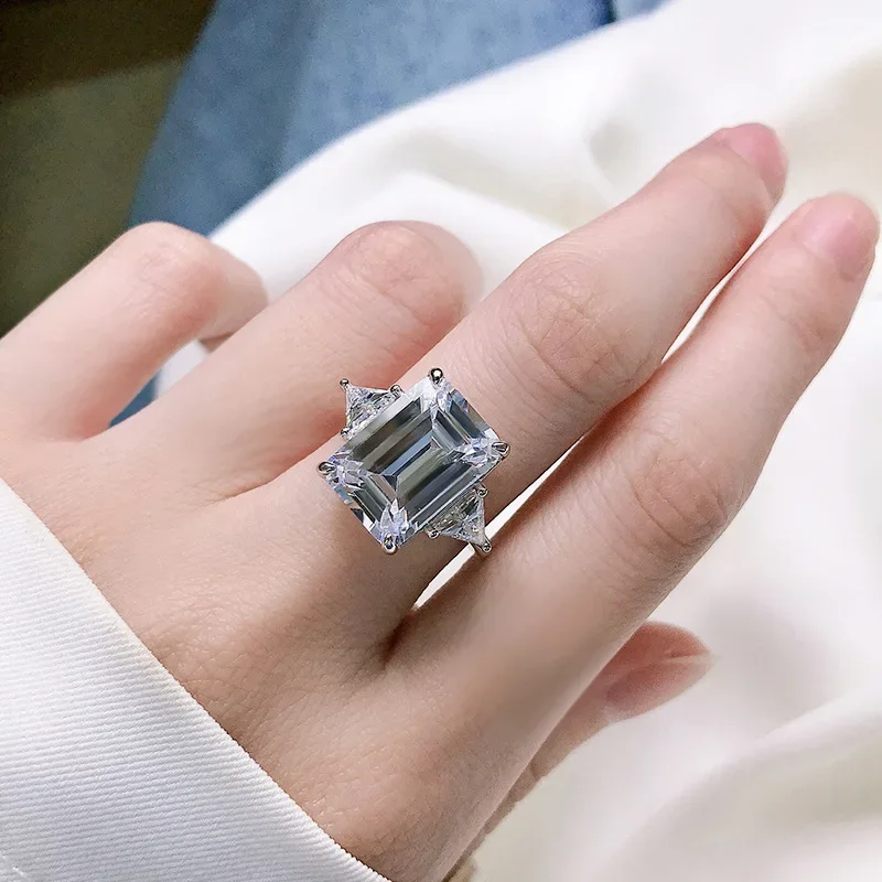 Yaranyan Vintage 100% 925 Sterling Silver 10 * 14 MM Emerald Cut Lab Sapphire High Carbon Diamonds Gemstone Ring Fine Jewelry
