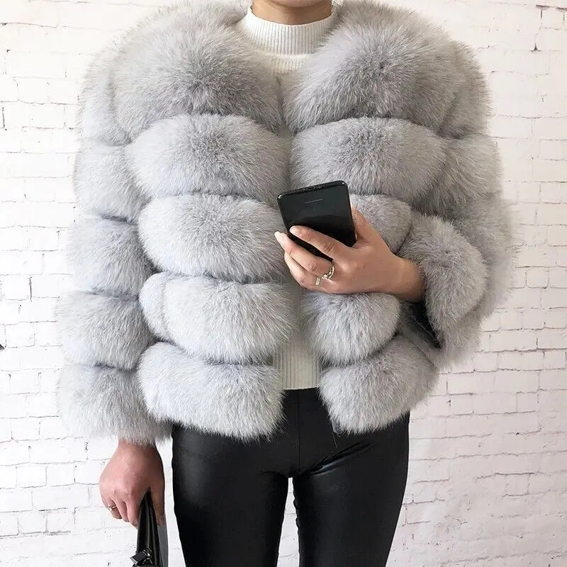 

Natural Fox Fur Coat Women Lady Winter Thicken Fashion Outertwear Long Sleeve Solid Strip Sewed Real Fur Jacket Lady