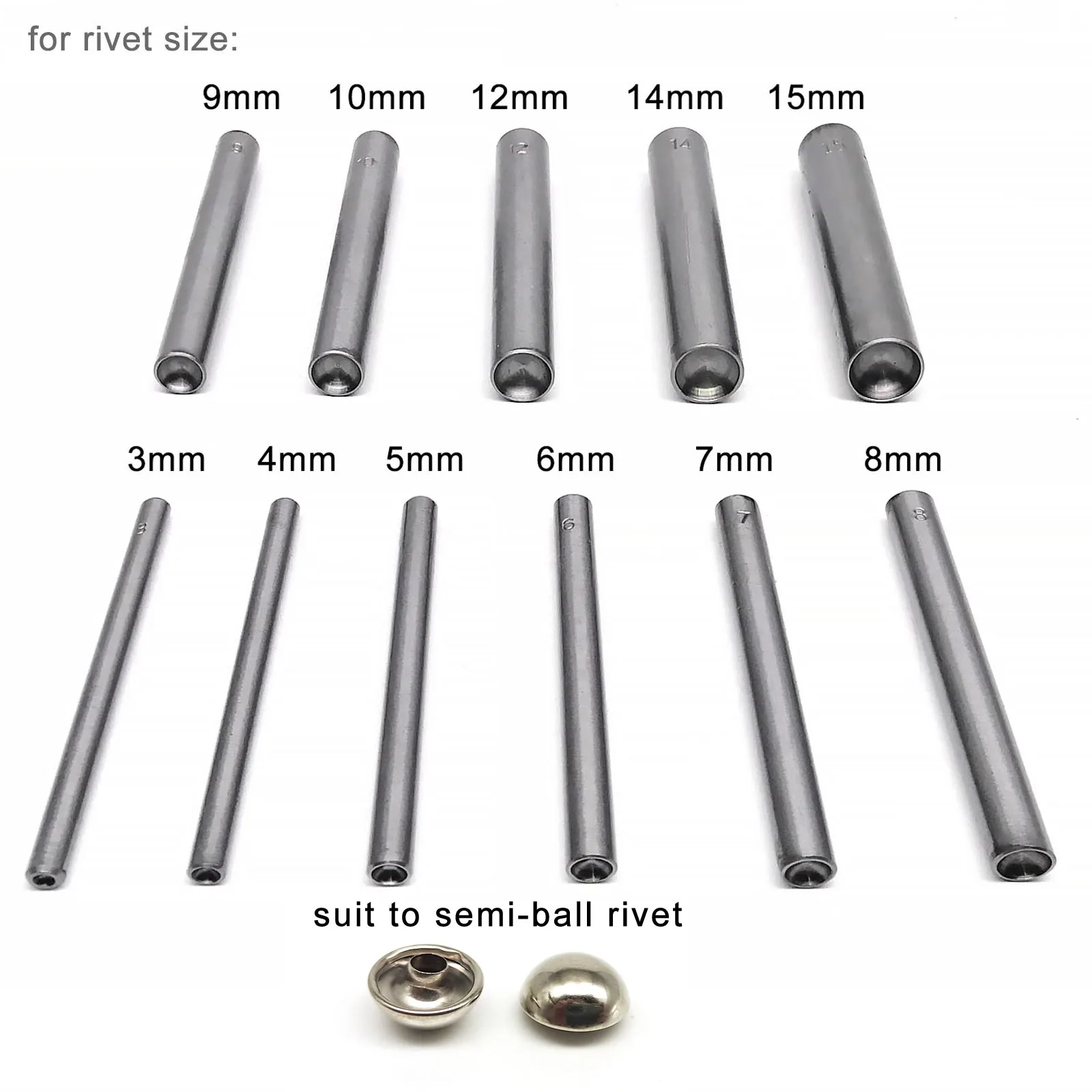 3mm to 15mm Dia Rivet Punch Tool Rod for Metal Decorative Mushroom Domed Semi Ball Half Round Nailhead Spike Stud DIY 45# Steel