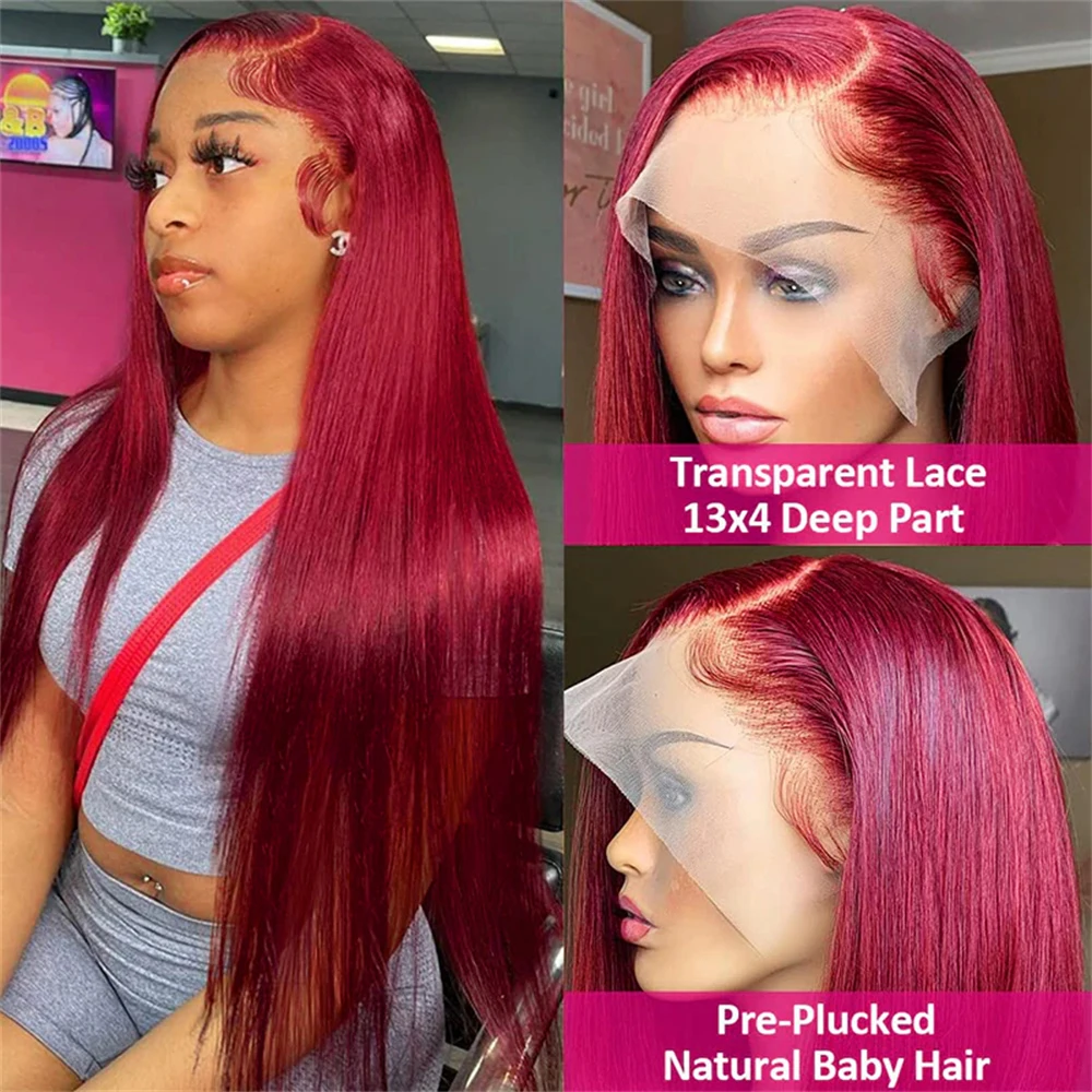 99j Burgundy Lace Front Human Hair Wig 30 Inch Bone Straight Lace Frontal Wigs 13x6 Hd Transparent Lace Brazilan Wig For Woman