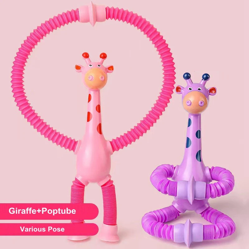 50pcs Cute Giraffe Robot Shape Pop Tube Sensory Fidget Poptube Twist Tubes Toy Stretch Telescopic Straw with Sucker