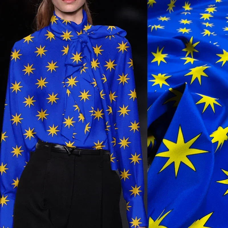 

140CM Wide 18MM 93% Silk 7% Spandex Stars Print Stretch Silk Crepe de Chine Fabric Dress 1 Meter Long DIY Sewing Material D1138