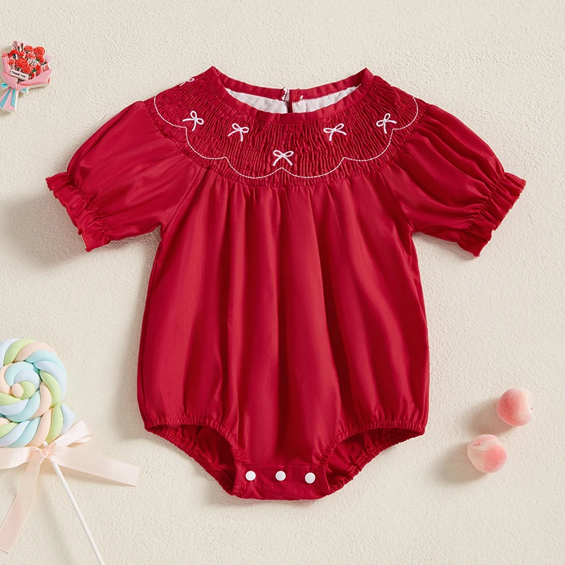 Baby Girls Summer Sweety Jumpsuit Casual Bow Embroidered Short Sleeve Newborn Romper for Toddler Cute Bodysuits Clothes