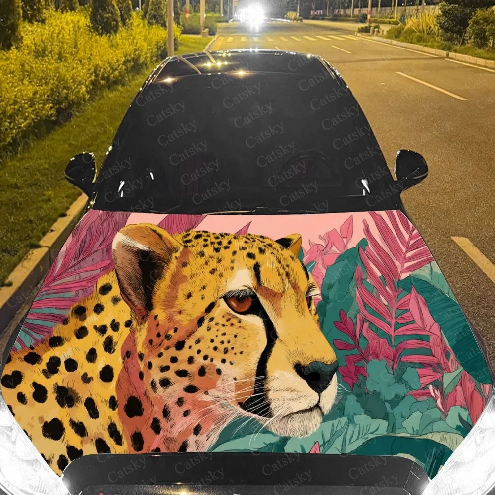 Colorful Cheetah Car Hood Sticker PVC Self Waterproof Stick, Striking Auto Exterior Accessories Decor Protect Gift for Car Lover