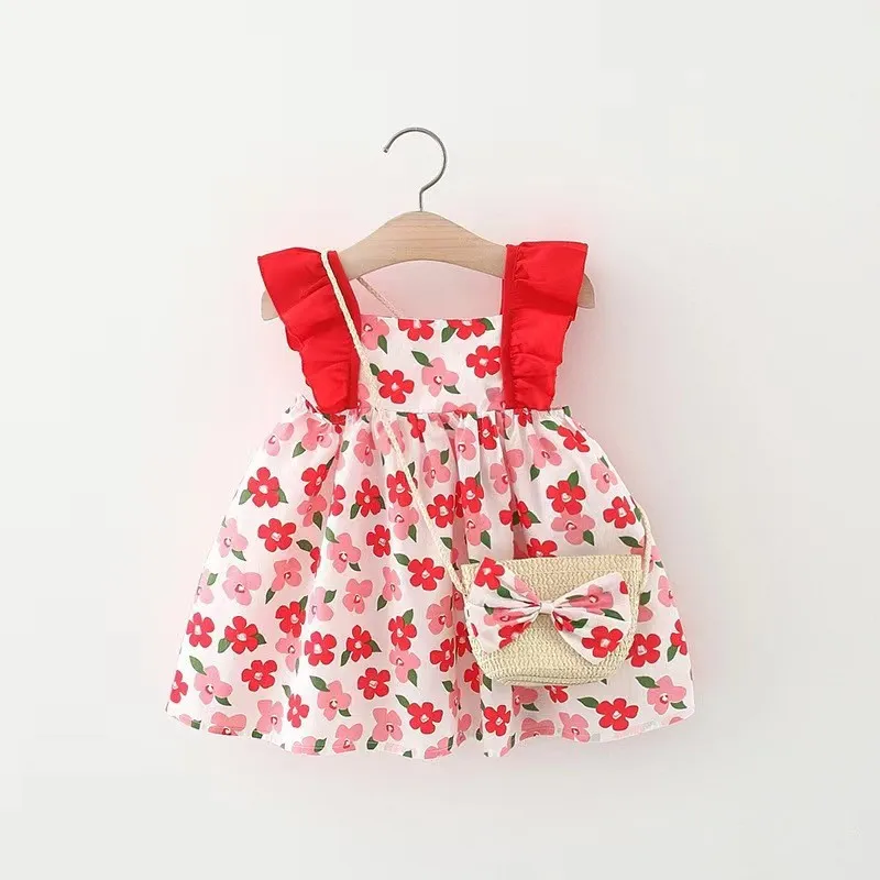 Summer Baby Girl\'s Dress New Vintage Garden Flower Flying Sleeve Dress with Straw Bag