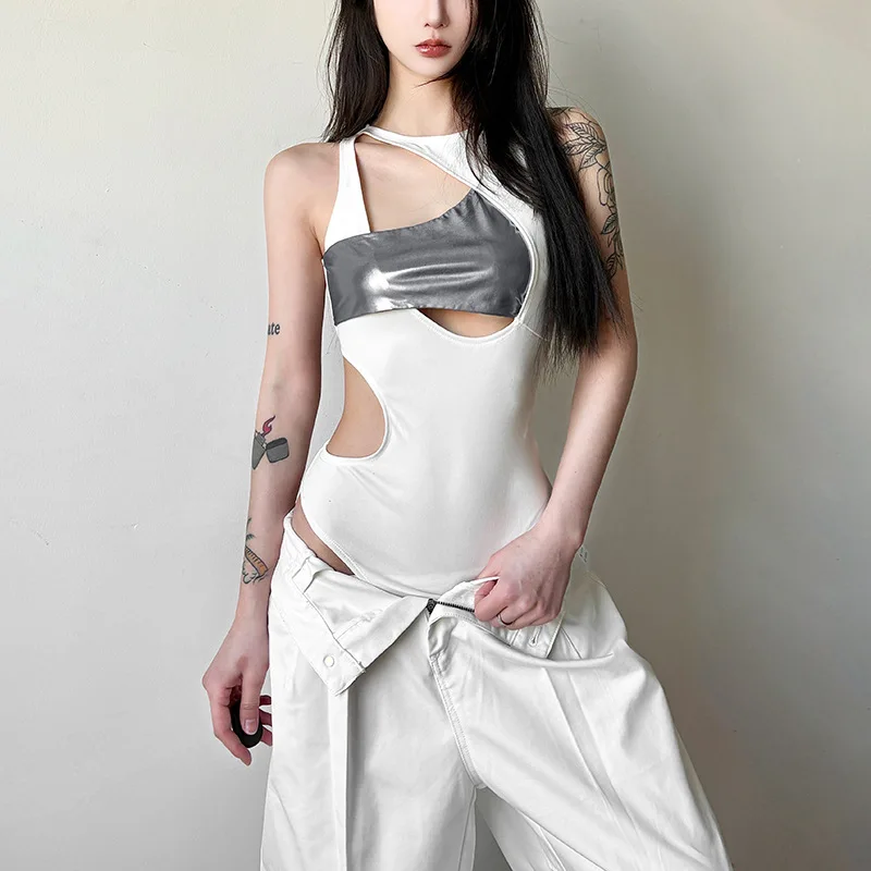 

Spring new street fashion sexy hollow out splicing bodysuits for women