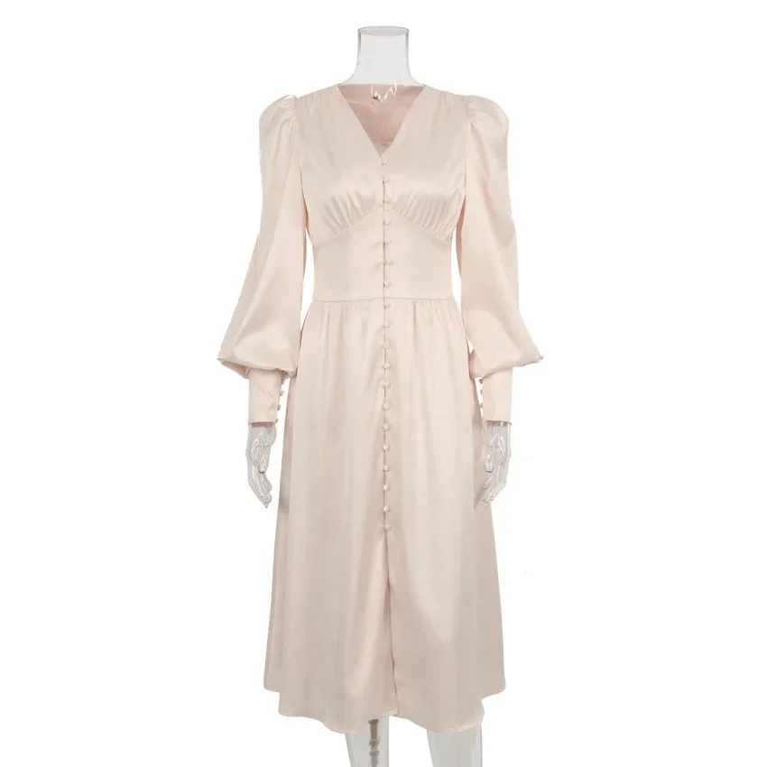 2025 Fashion V Neck Elegant Court Vintage Front Button Midi Dress Satin Party Lantern Long Sleeve Chice Female Solid Vertidos