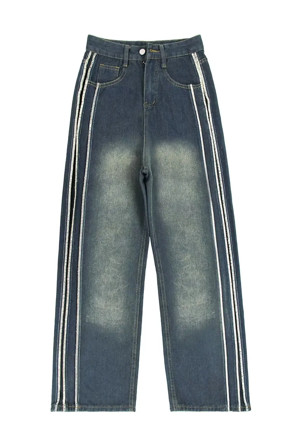 

2023 Y2K Fashion Side Stripe Washed Blue Baggy Jeans Pants For Women Clothes Straight Lady Hip Hop Denim Trousers Pantalon Femme