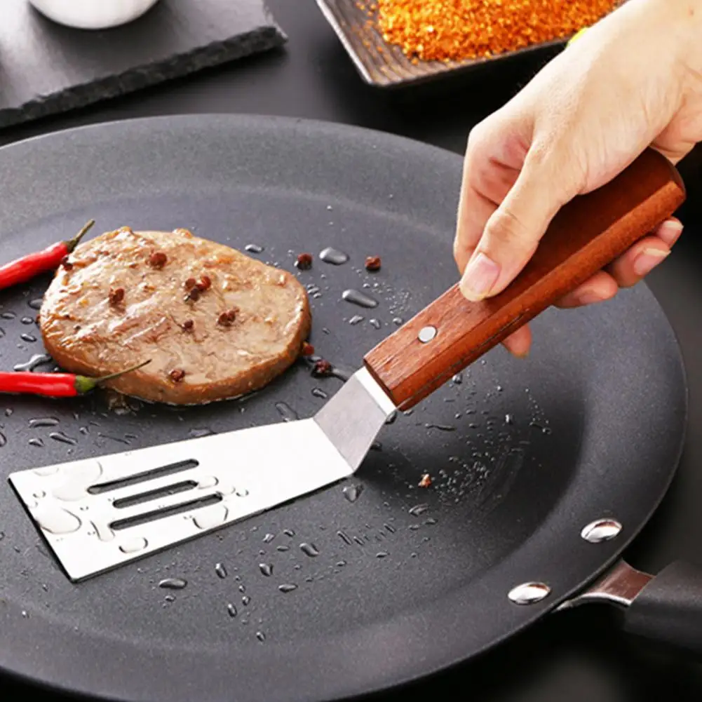 Wooden Handle Frying Spatula Non-stick Cookware Heavy Duty Portable Stainless Steel Slotted Spatula Kitchen Gadget Cooking Tools