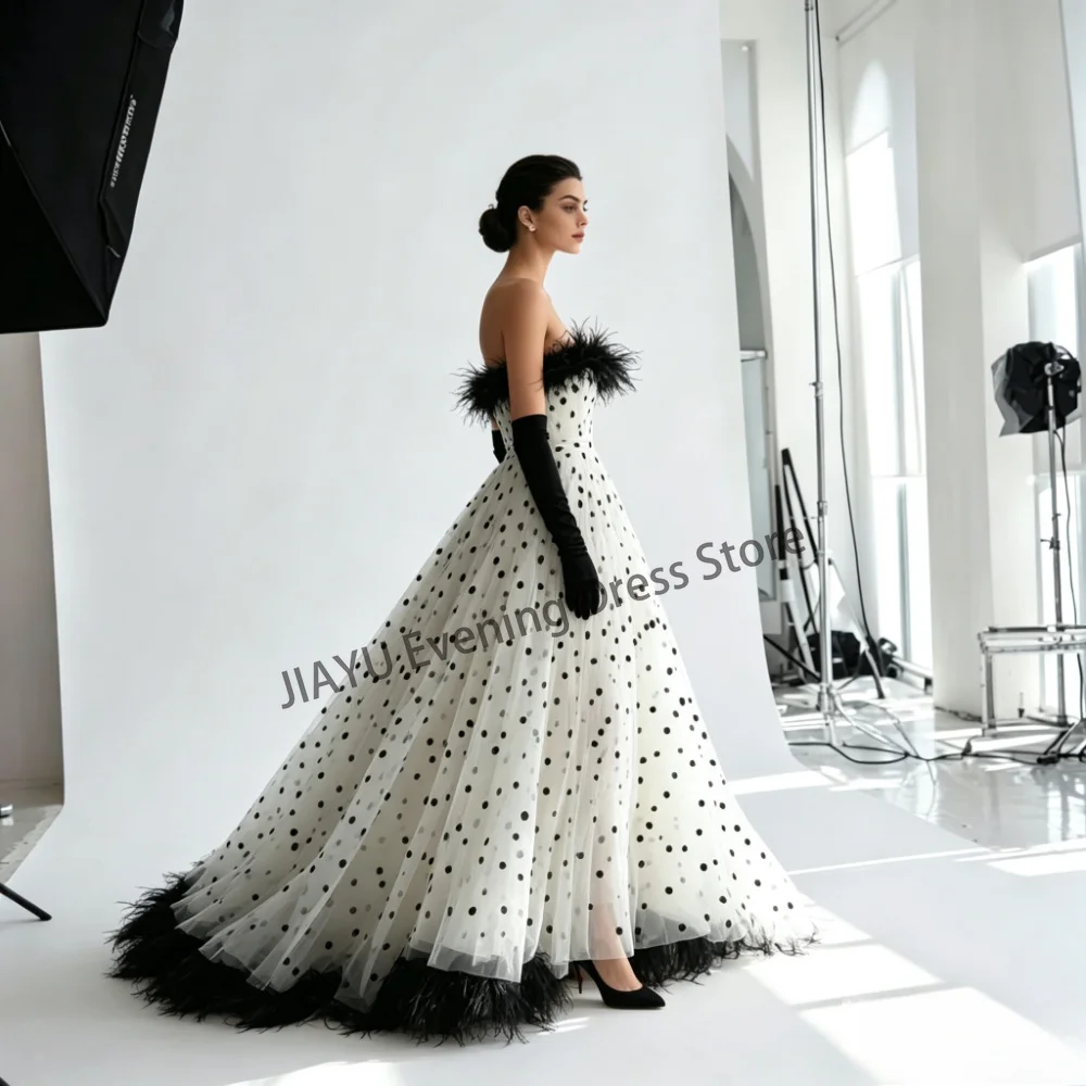 Customized Off Shoulder Polka Dot Tulle Evening Dress Black Feather Trim A‑Line Formal Party Gowns Long Prom Dresses for Women