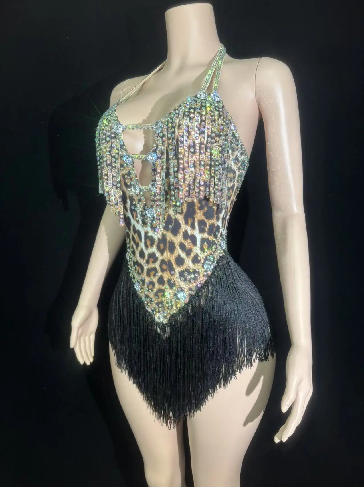 Sexy Sparkly Rhinestones Tassel Leopard Print Backless Bodysuit Performance Dance Costume Singer Dancer Stage Wear Latin Outfit