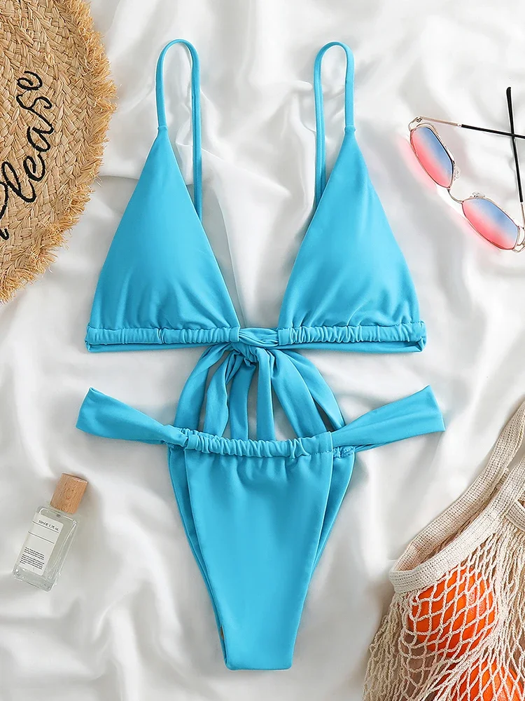 

Swimsuit Women 2025 New Solid Sling Swimwear Lace Up Bikinis Set Micro Bikini Thong Bathing Suit For Female Summer Beach Wear