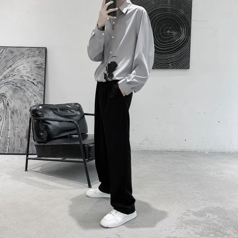 

Men Long Sleeve Shirt High End Hong Kong Style Trendy Ins Loose Fit Ethereal Restrained Roguish Casual Set