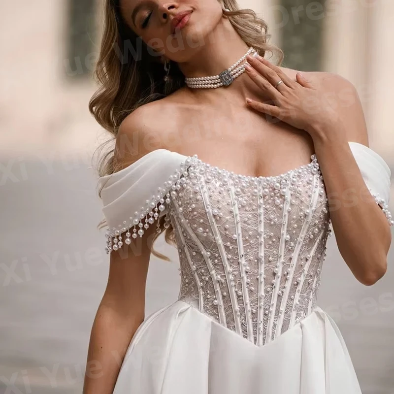 فساتين زفاف أنيقة على شكل حرف A للسيدات مكشوفة الكتف واللؤلؤ من Vestido De Novia بدون أكمام فساتين العروس مخصصة رداء De Mariée