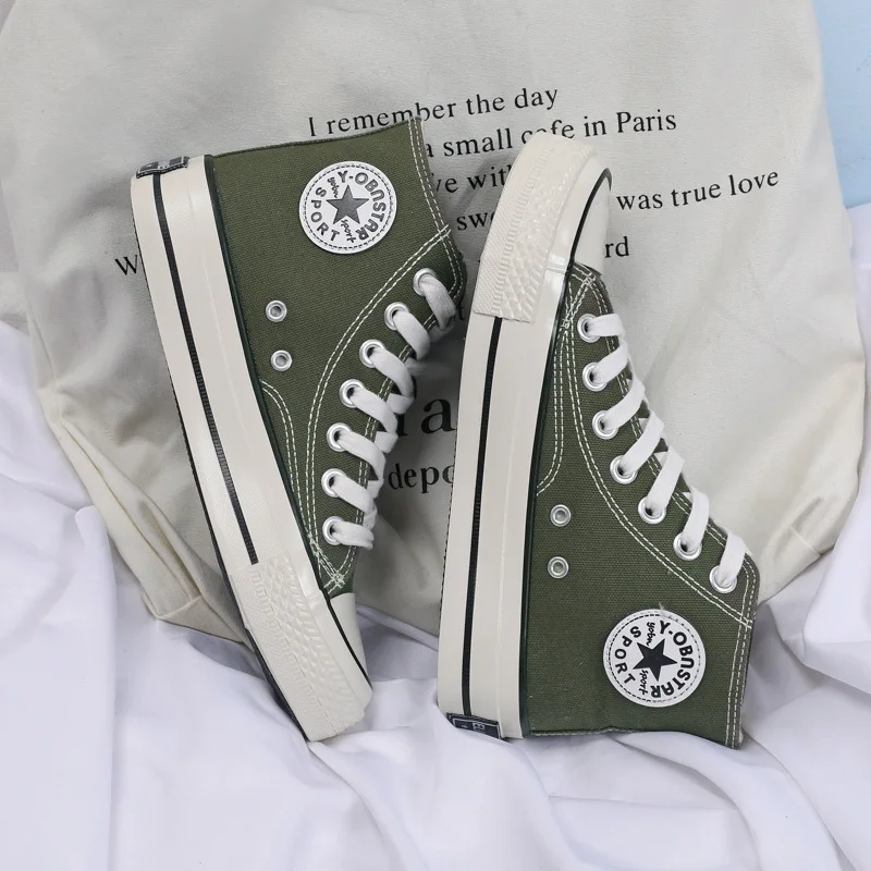 Women Canvas Flat Shoes Spring and Autumn New Fashion Designer Brand Lace Up Low Top High Top Non Slip Olive Green Sneakers