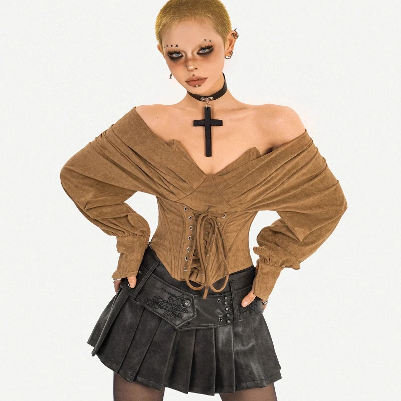 Gothic Retro Hot Girl Sexy Off-Shoulder Fishbone Women's Tube Top 2025 Autumn New Design Tie Slimming Long Sleeve Shirts Ladies