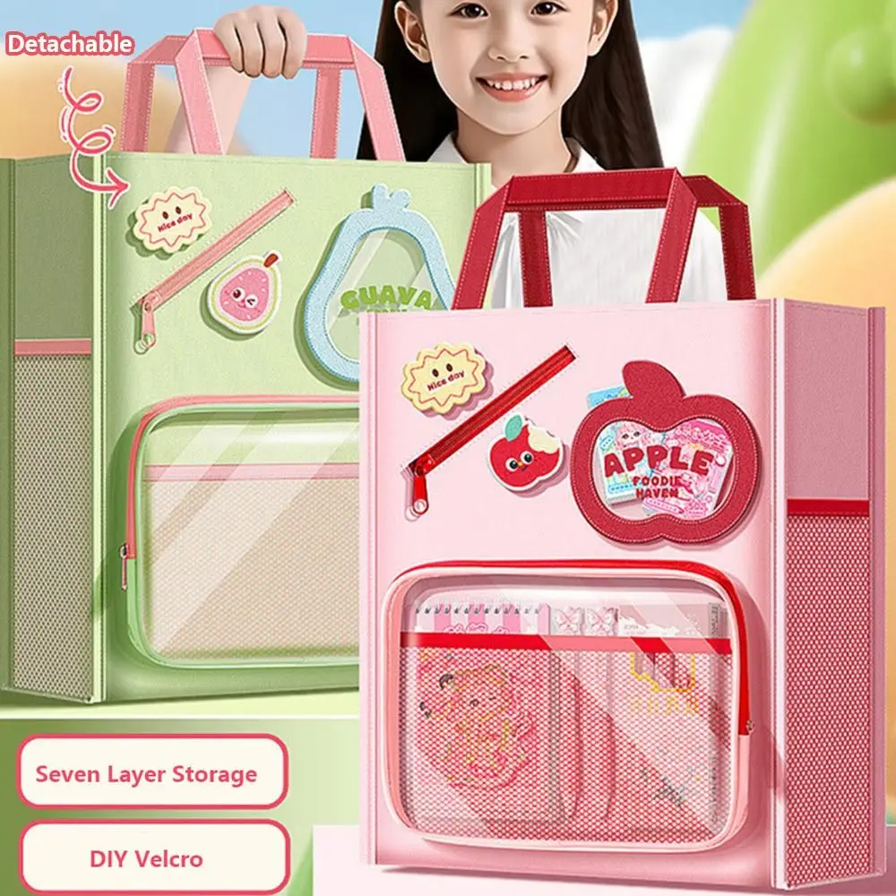 Cartoon Seven Layers Canvas Handbag Portable Multifunctional Books Bag Large Capacity Tutoring Bag Students