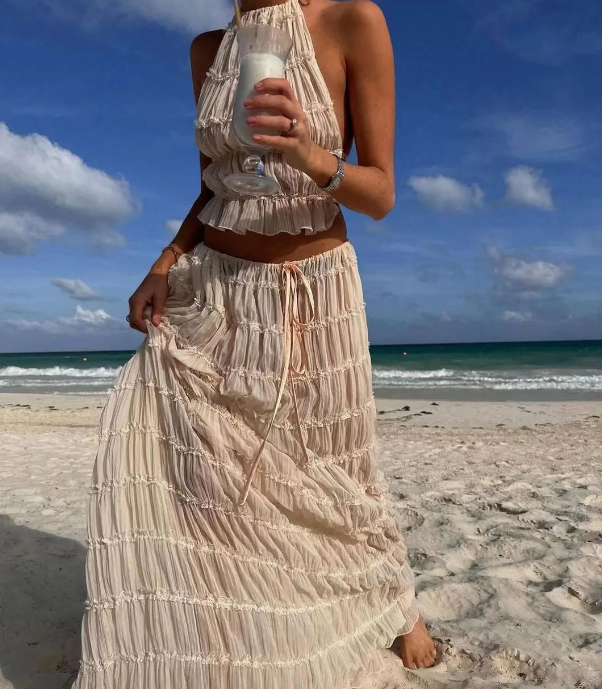 Summer Sexy Lace Vest With Backless Dresses Sets Women Skirt Suit Slim Crop Tops Long Dress Two-piece Beach Party Club Dress