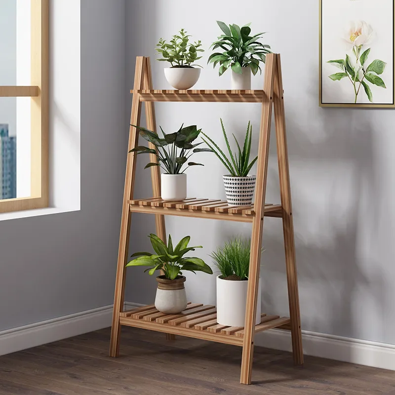 Garden solid wood white flower shelf three-layer folding multi-layer storage shelf living room shoe rack