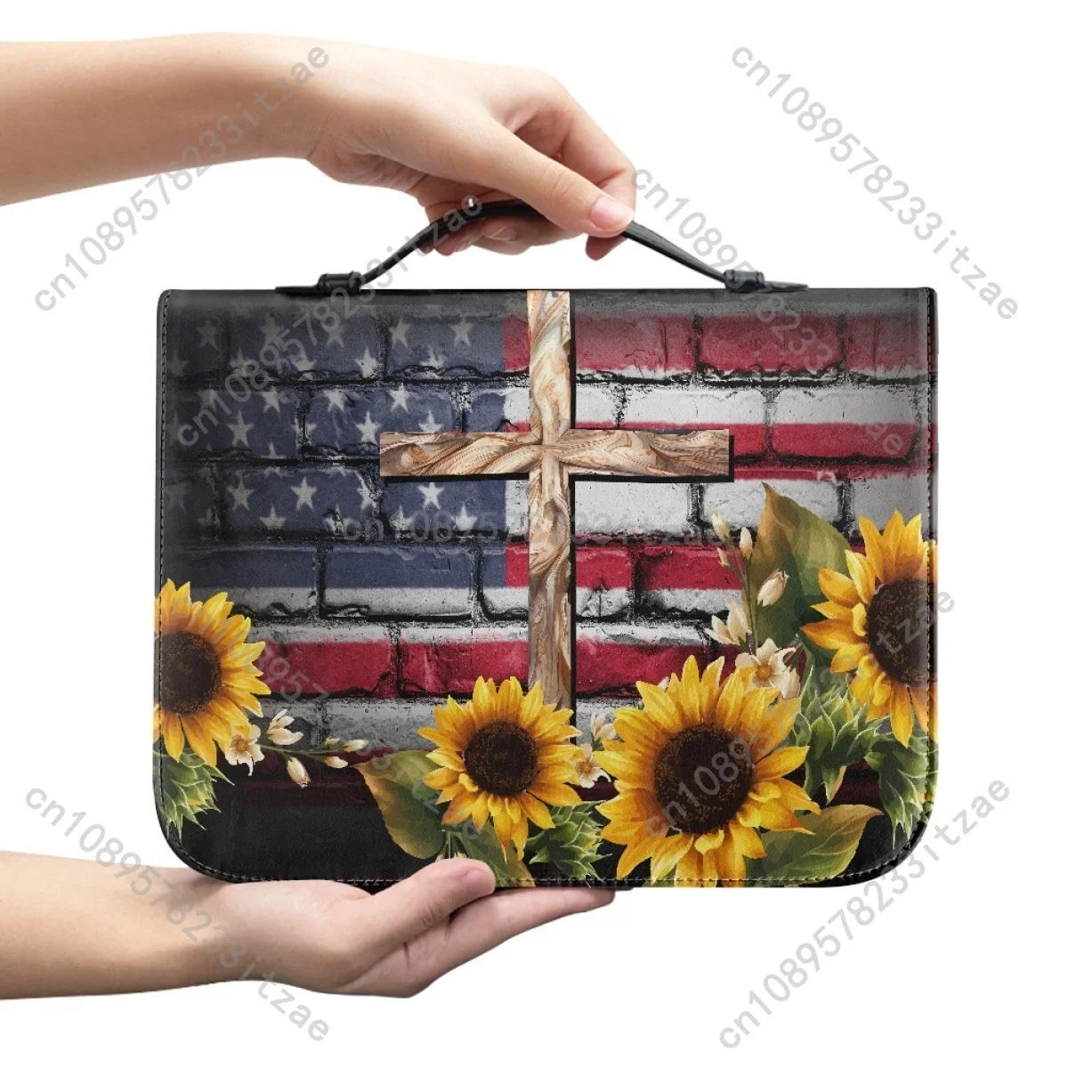 2024 Women's Bible Storage Bag Retro US Flag Sunflower Cross Print Female PU Leather Holy Study Book Boxes Customized Handbag