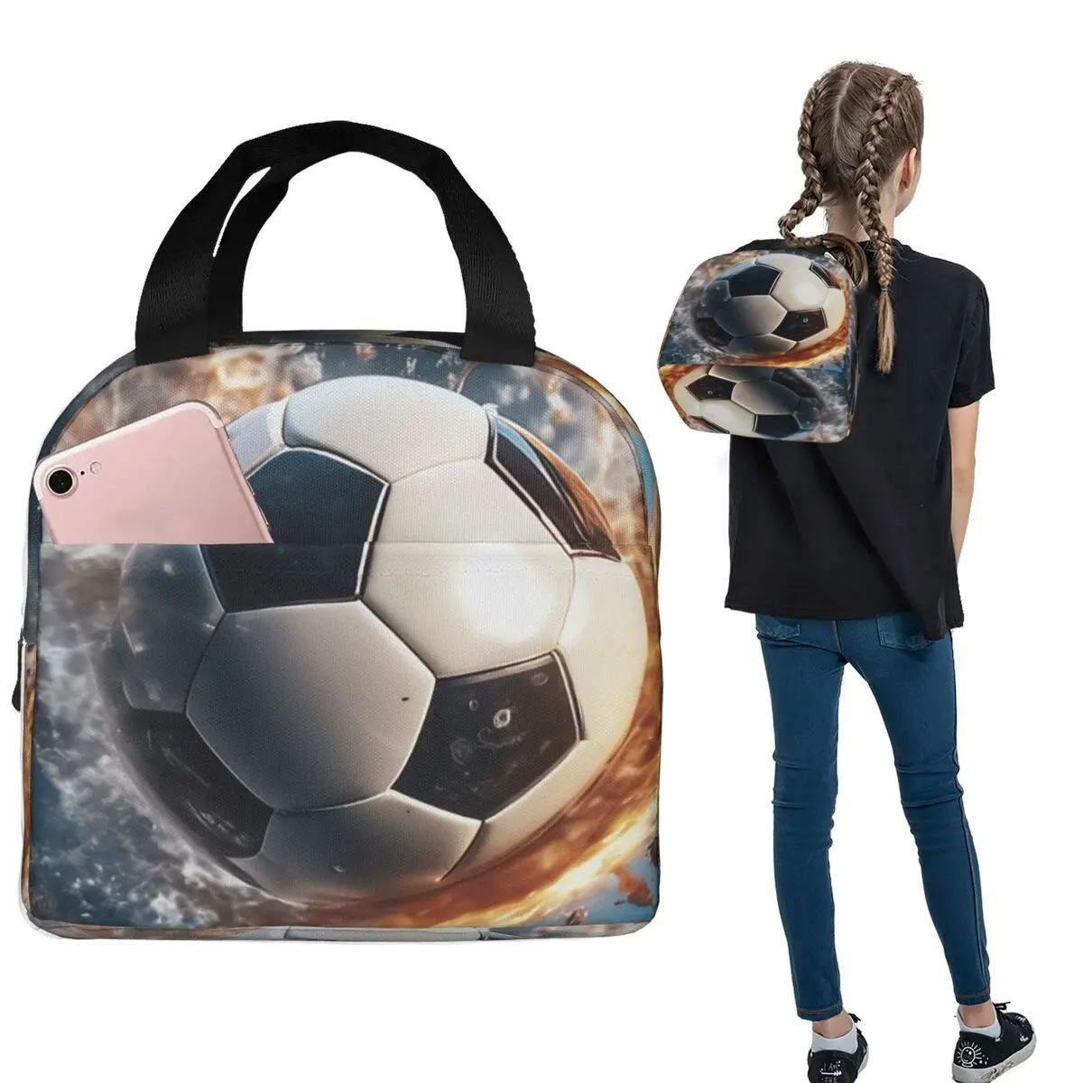 

New Football Pattern Cartoon Lunch Bags Insulated Bento Box Portable Lunch Tote Leakproof Picnic Bags for Woman Girl Travel