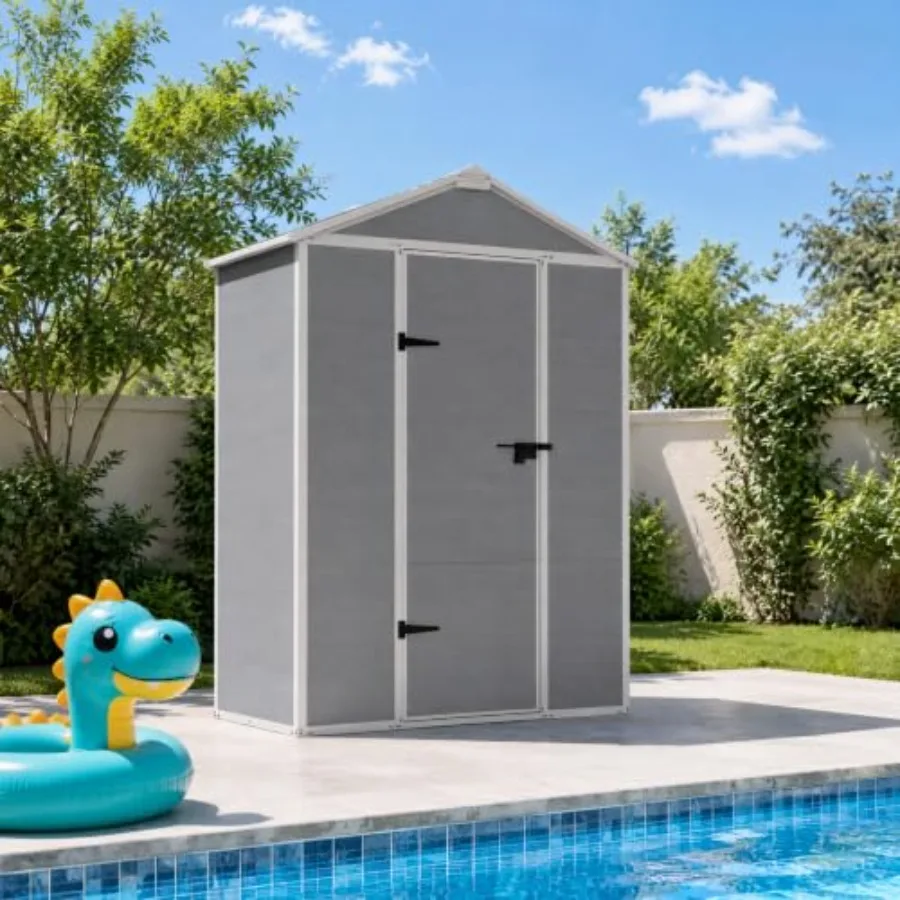 Outdoor storage shed for feet use, resin material, gray color, weather-resistant and lockable with floor and air vent