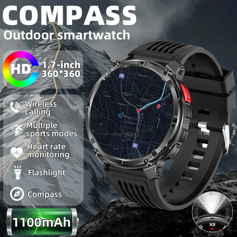 Smartwatch męski LIGE, bateria 1100mAh, ekran HD 1,7 cala, kompas, zegarek outdoorowy, latarka LED, pomiar tętna, monitor zdrowia, nowy.