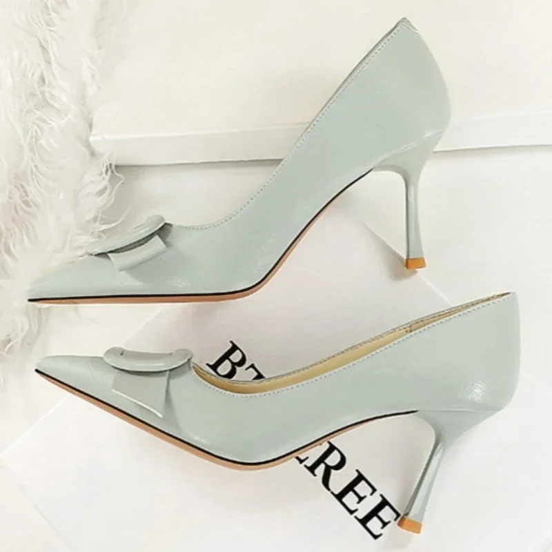 Fashion High Heels Spring New Style Pointed Head Shallow Mouth Square Buckle Set Foot Anti-slip Wear-resistant Fine Heel Shoes