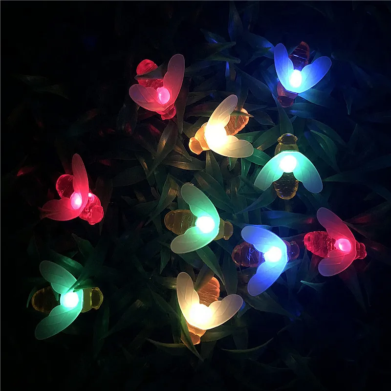 20leds New Solar Powered Cute Honey Bee Led String Fairy Light Bee Outdoor Garden Fence Patio Party Christmas Garland Lights