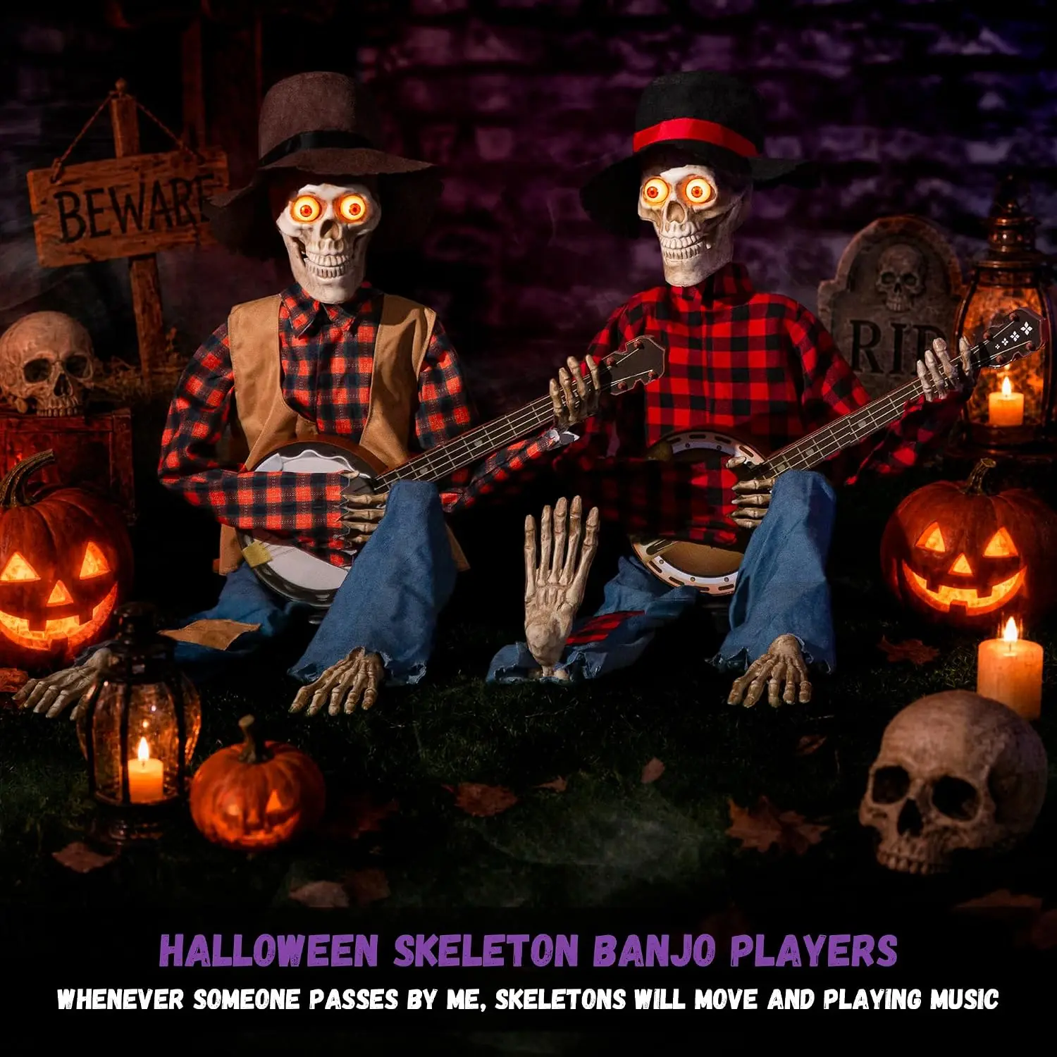Halloween Animatronic Skeleton Duo Decoration, Sound-Activated Talking Skull Prop with Funny Voice & Light-Up Eyes, Musical Plug-In Powered Indoor Outdoor Yard Lawn Display 6