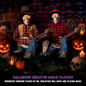 Halloween Animatronic Skeleton Duo Decoration, Sound-Activated Talking Skull Prop with Funny Voice & Light-Up Eyes, Musical Plug-In Powered Indoor Outdoor Yard Lawn Display 6