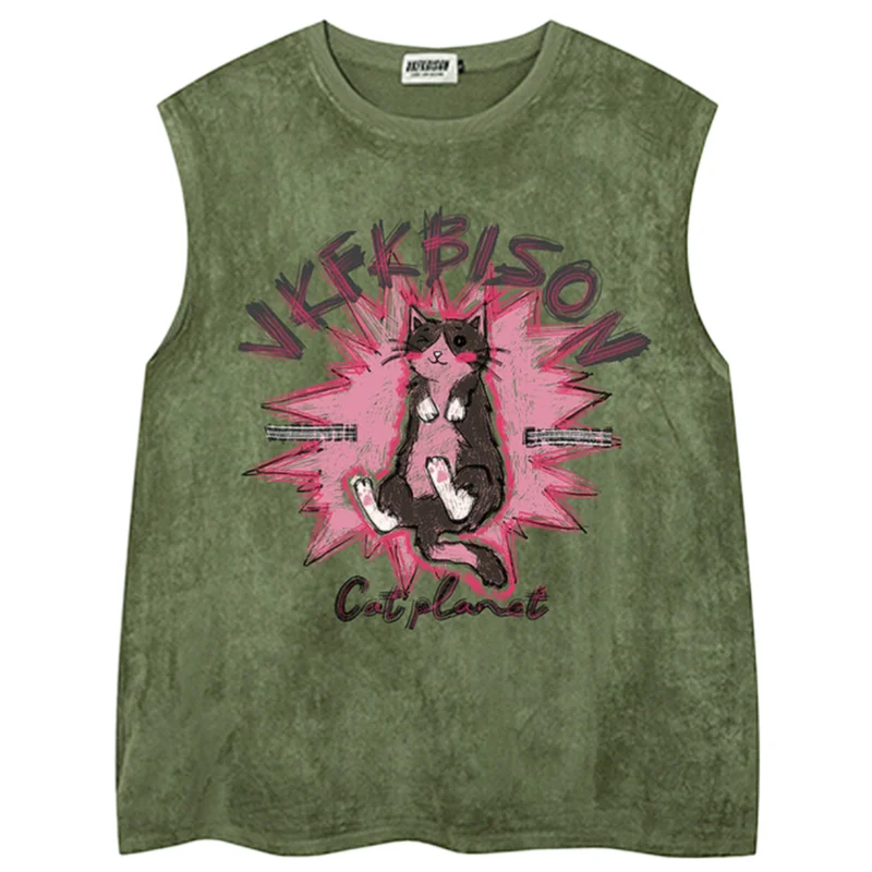 Unsiex Cat Print Vest 2026 New Summer Men Women Cute Cat Printed Tank Tops Loose Casual Sleeveless Street Style Vests