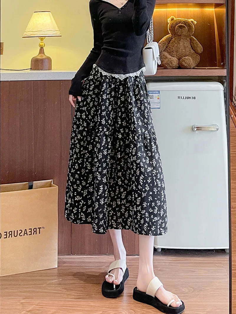 

2025 Spring Summer New Women Skirt Vintage Floral Skirt High Waist Mid Length A-line Skirt Versatile Thin Long Skirt Female N95