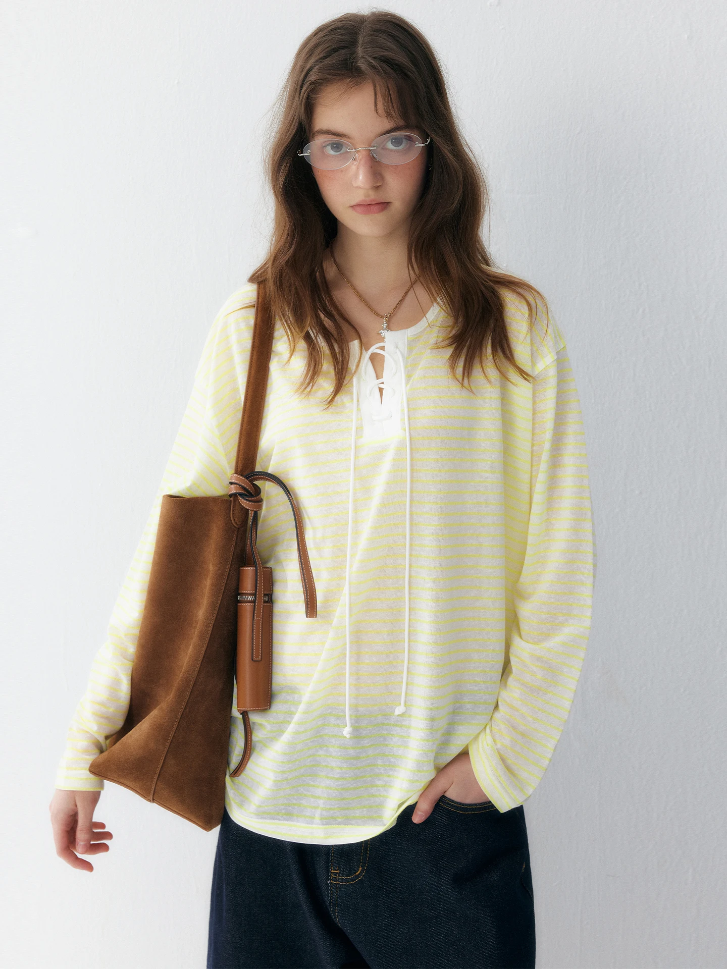  plus Women's Striped Silk T-Shirt Spring Autumn Long Sleeve Wrapped Design Breathable Comfortable round Neck Top