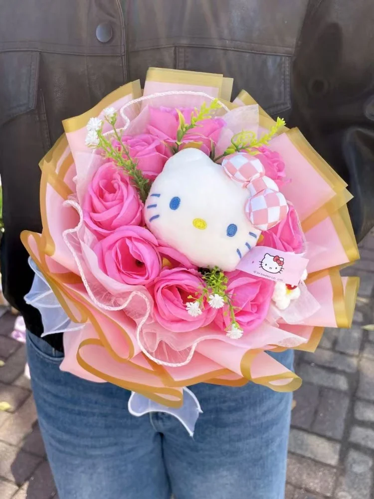 Echtes Hello Kitty Plüschtier Anime Kuscheltiere Schlüsselanhänger Kreative handgemachte Blumensträuße Weihnachten Valentinstag Geburtstagsgeschenke